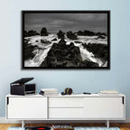 Moody Black and White Rocky Coast Waves Wall Art