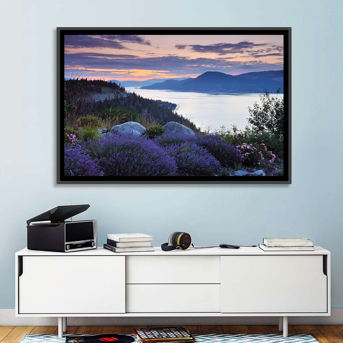 Okanagan Lavender Lake Wall Art in a room, landscape
