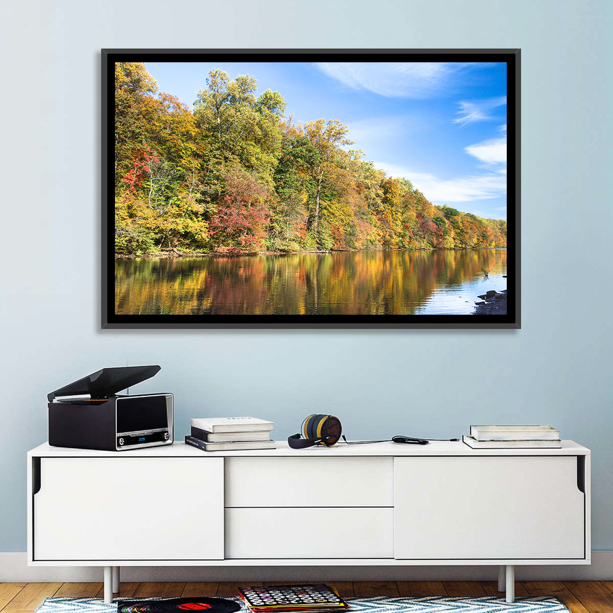 Lake Surprise Autumn Reflection Wall Art in a room, landscape