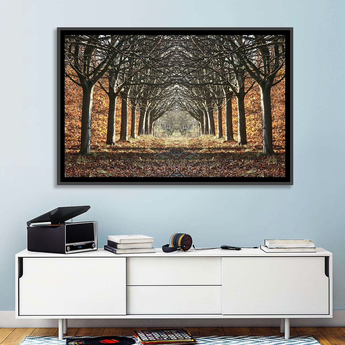 Danish Autumn Tree-lined Path Wall Art in a room, landscape