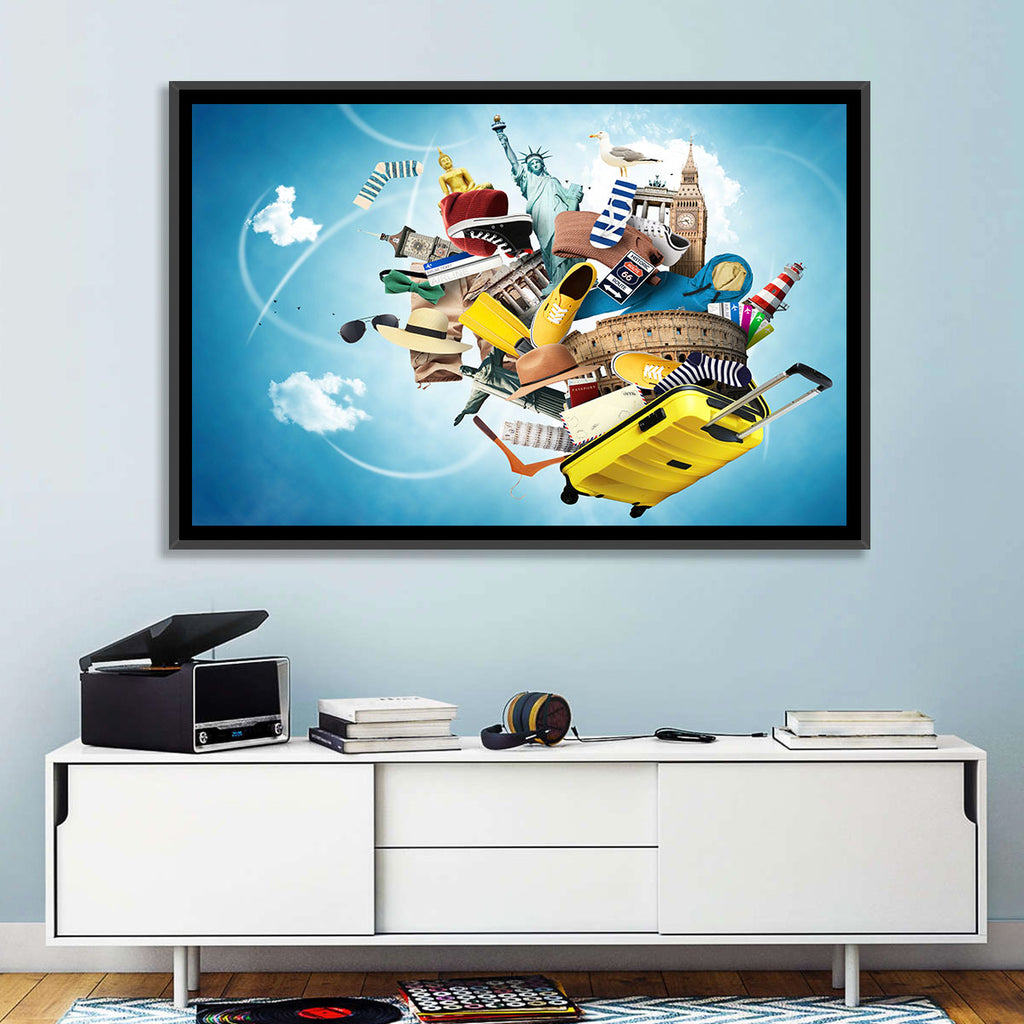 Floating Landmarks with Yellow Suitcase Wall Art