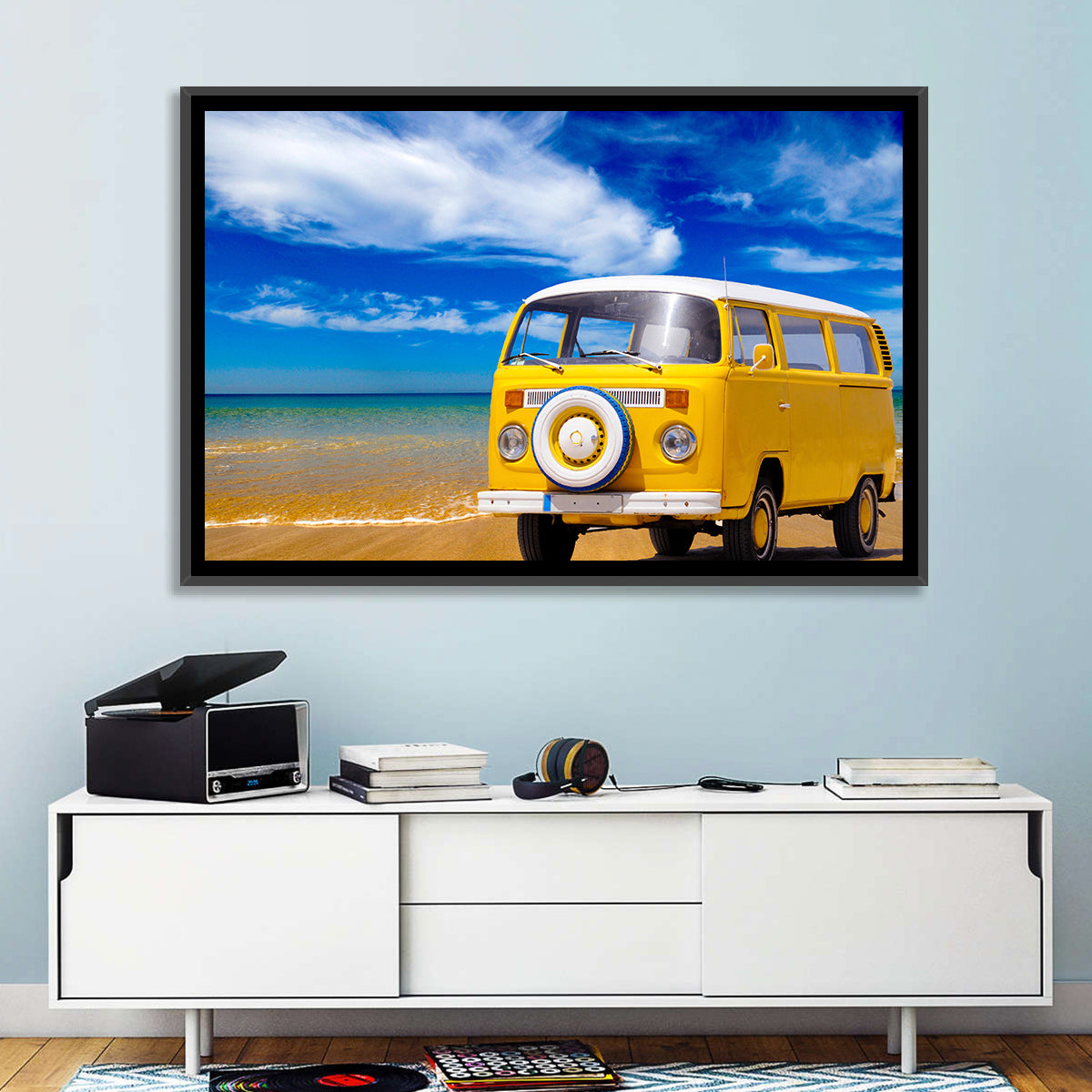 Yellow Vintage Van on Beach Wall Art in a room, landscape