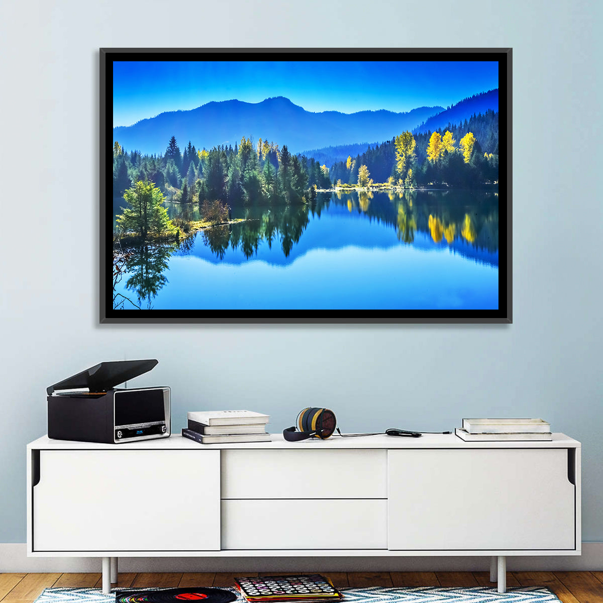 Gold Lake Reflection Wall Art in a room, landscape