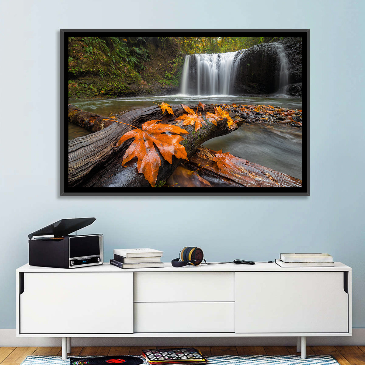 Clackamas Waterfall with Maple Leaf Wall Art in a room, landscape