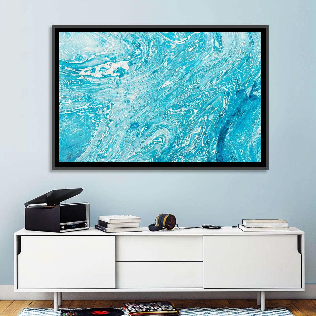 Cerulean Marbled Waves Wall Art in a room, landscape