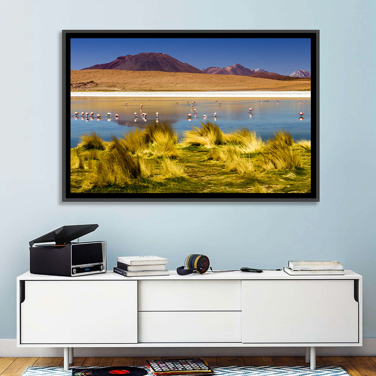 Flamingos on Salt Lake Wall Art in a room, landscape