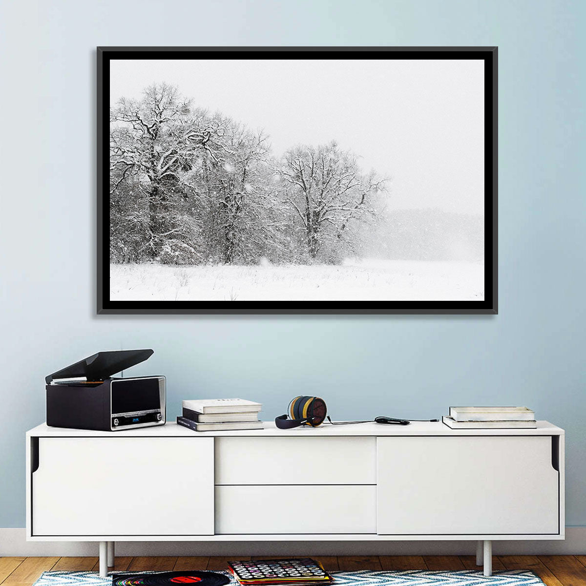 Snow-covered Trees in Fog Wall Art in a room, landscape