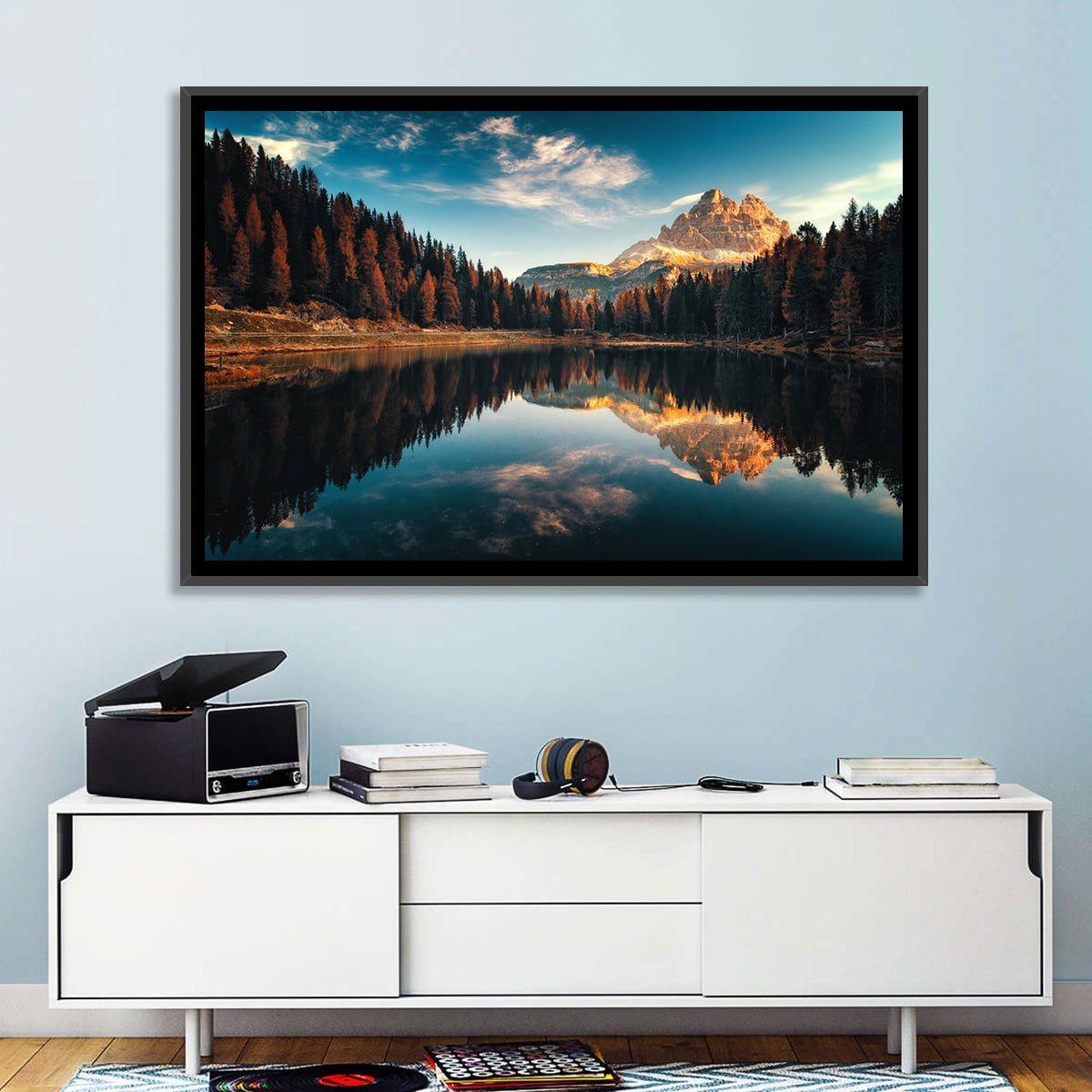 Lago Antorno Golden Hour Reflection Wall Art in a room, landscape