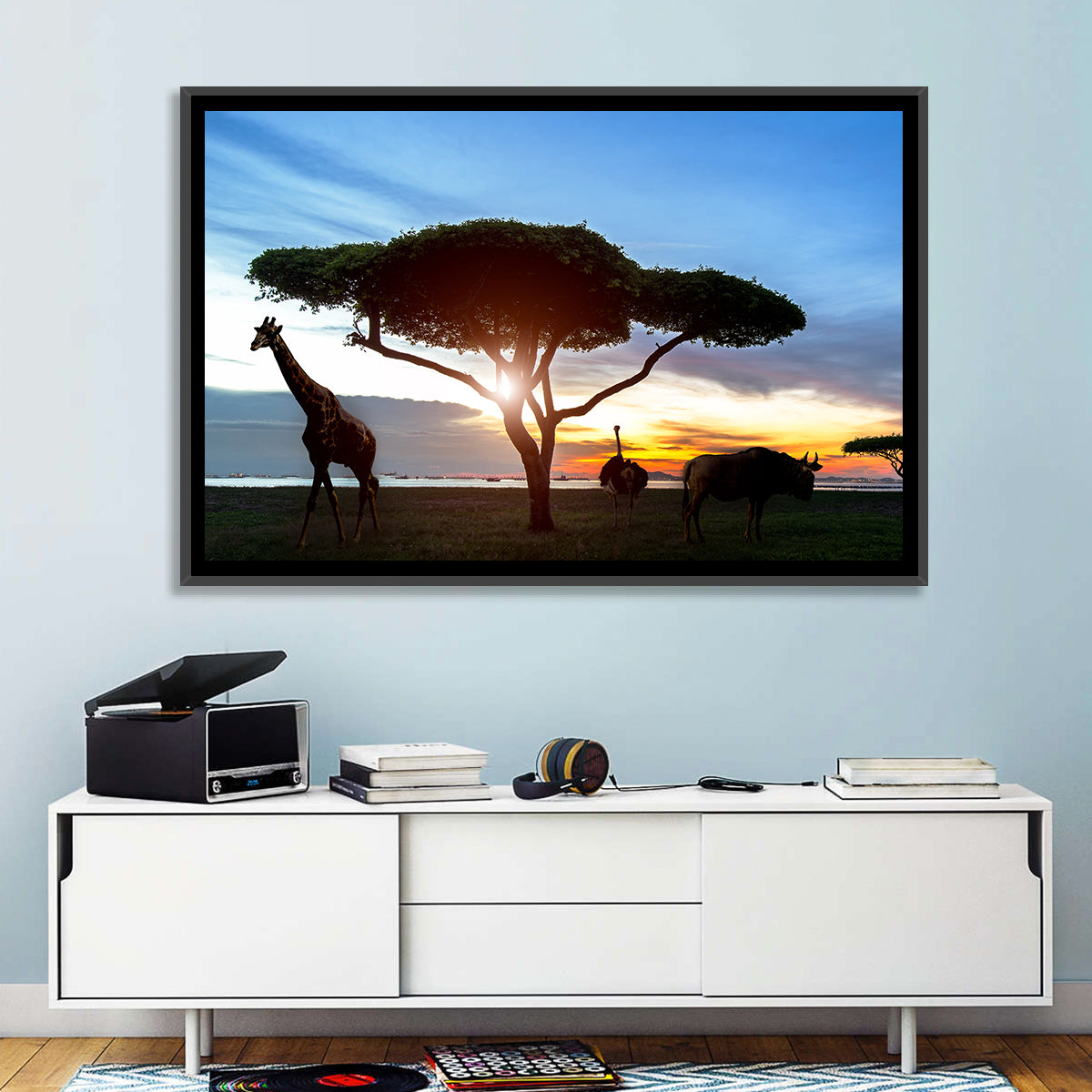Savanna Silhouettes at Golden Hour Wall Art in a room, landscape