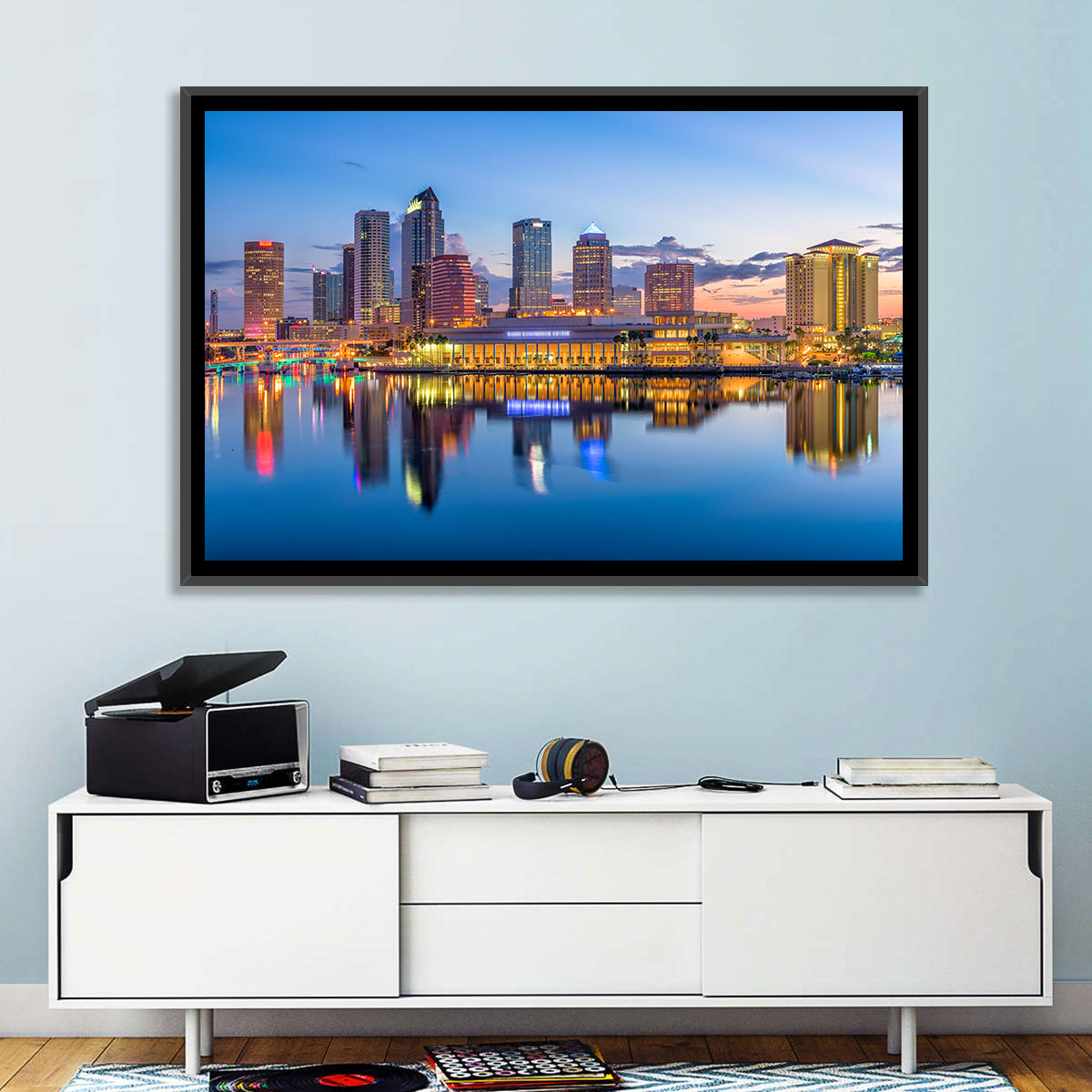Tampa Twilight Skyline Wall Art in a room, landscape