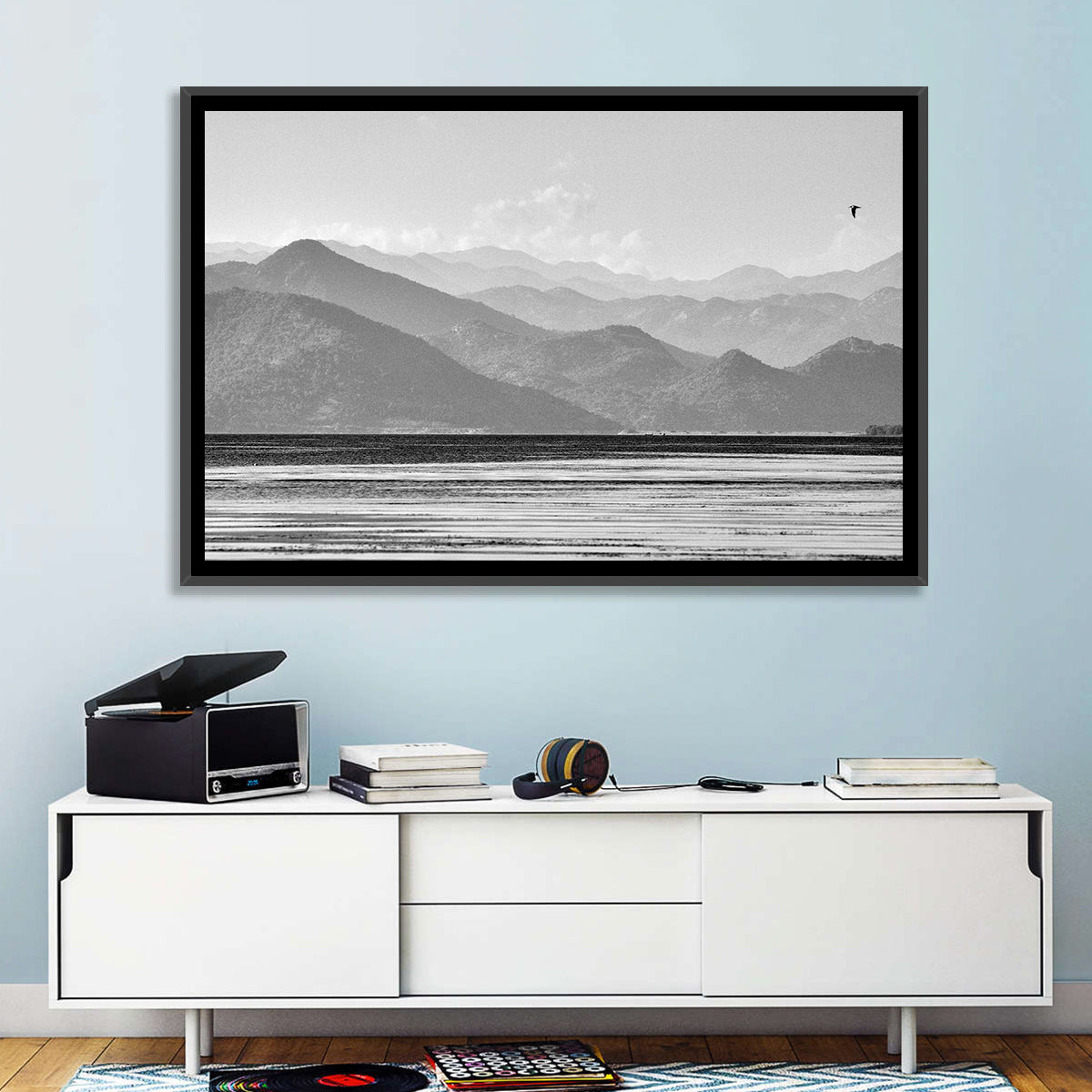 Skadar Lake Monochrome Landscape Wall Art in a room, landscape