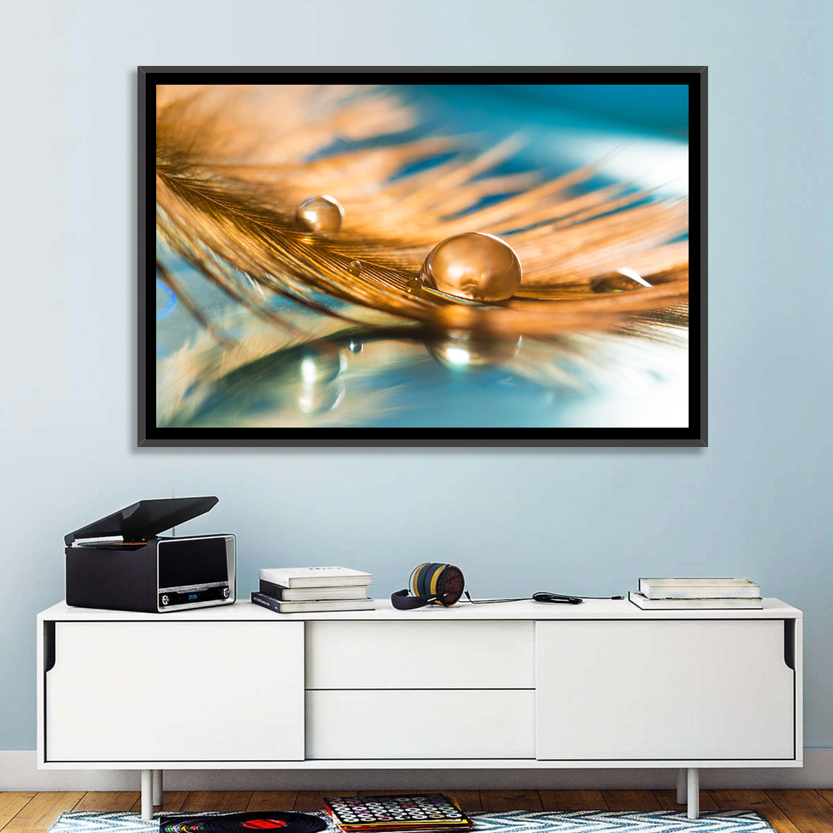 Golden Feather with Droplets Wall Art in a room, landscape
