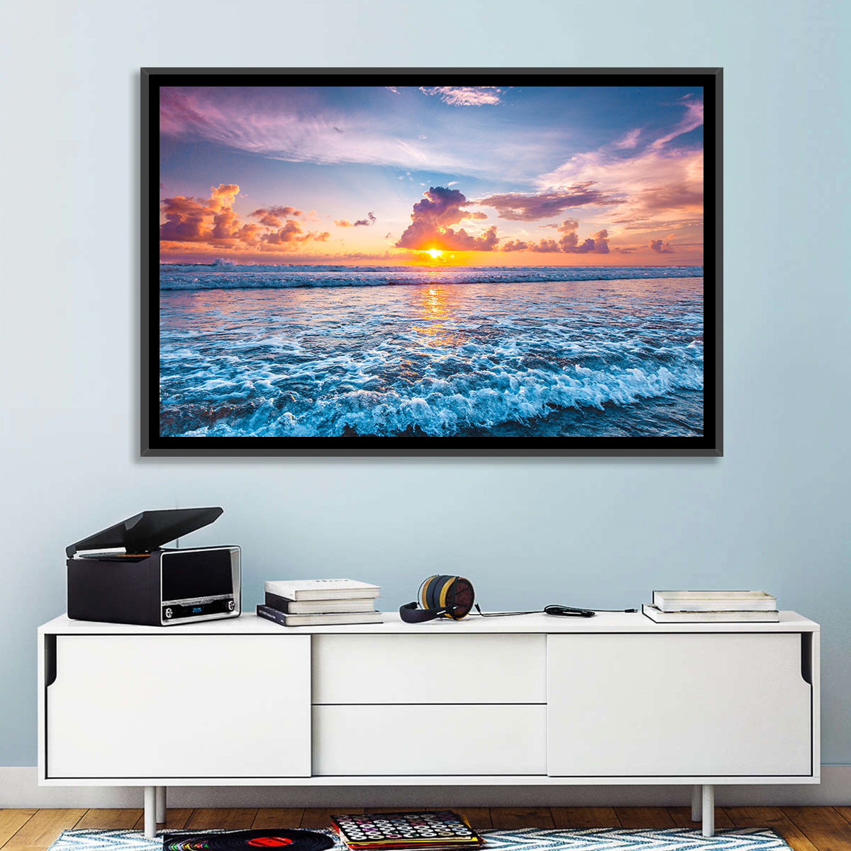 Sunburst Ocean Wave Wall Art in a room, landscape