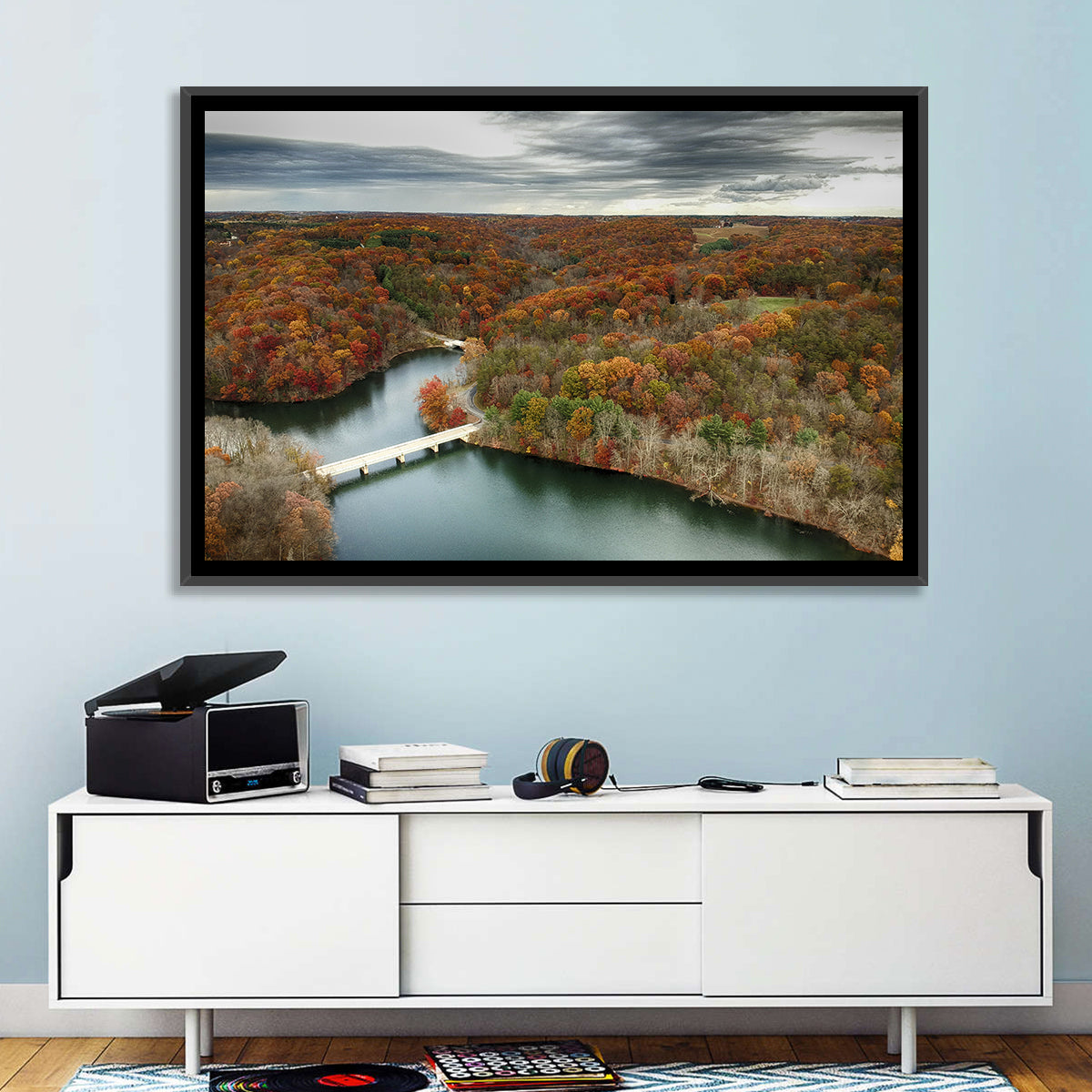 Seneca Lake Aerial View Wall Art in a room, landscape