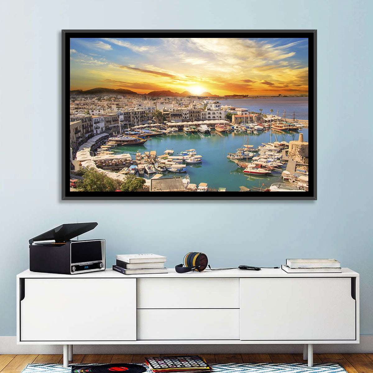 Kyrenia Harbour at Sunset Wall Art in a room, landscape