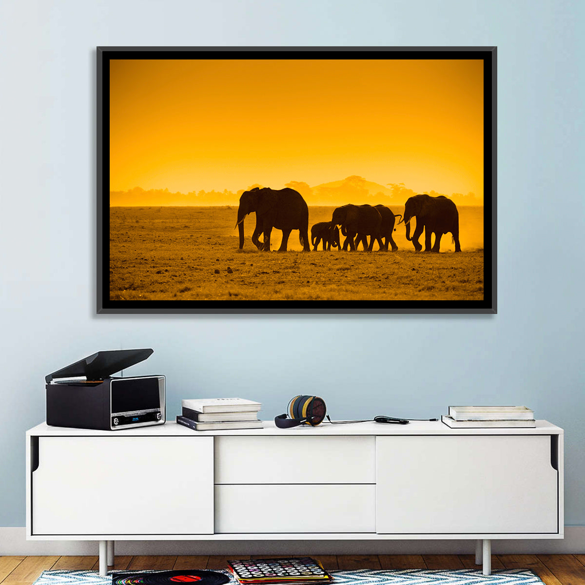 Elephant Family Silhouette Wall Art in a room, landscape