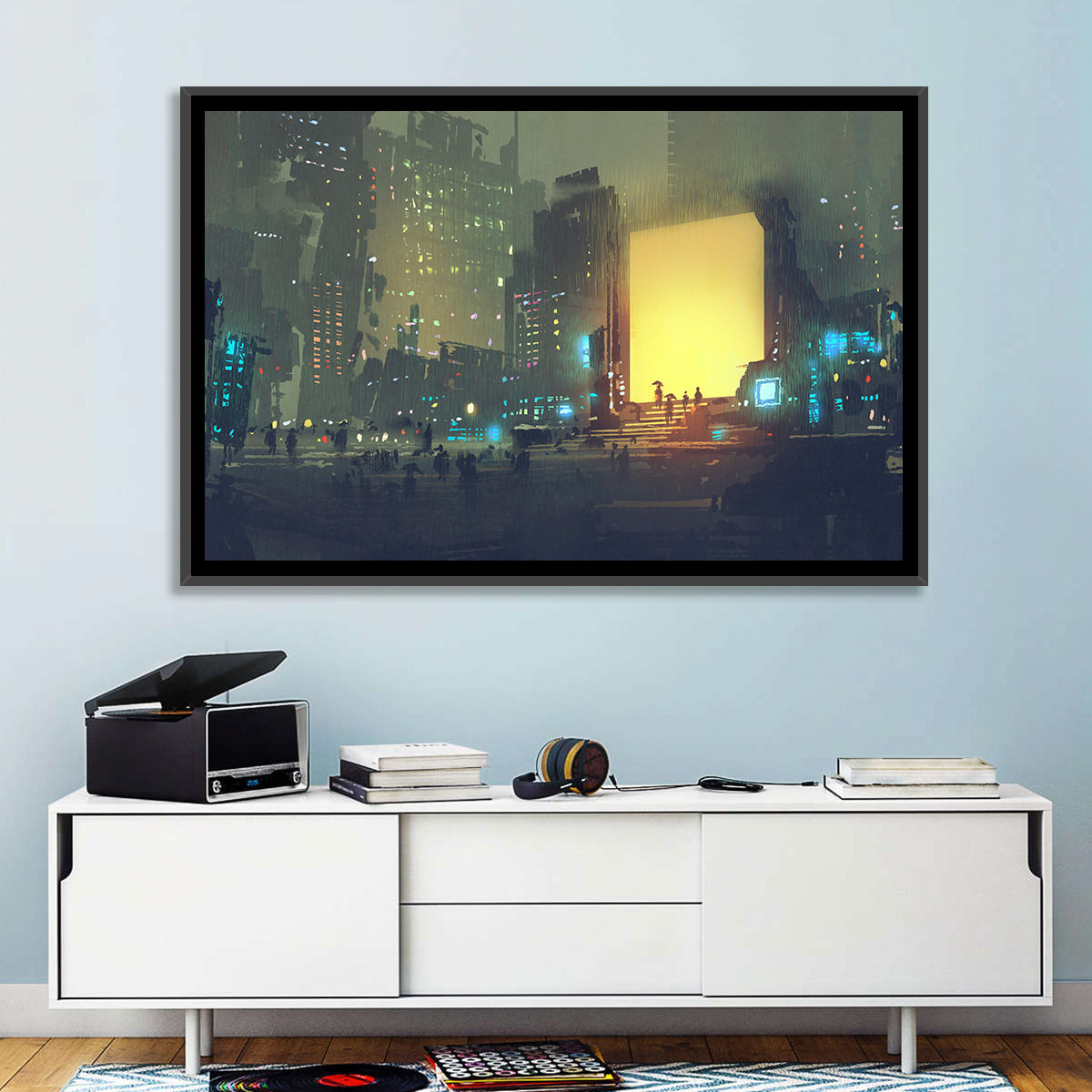 Rainy Night City with Glowing Portal Wall Art in a room, landscape
