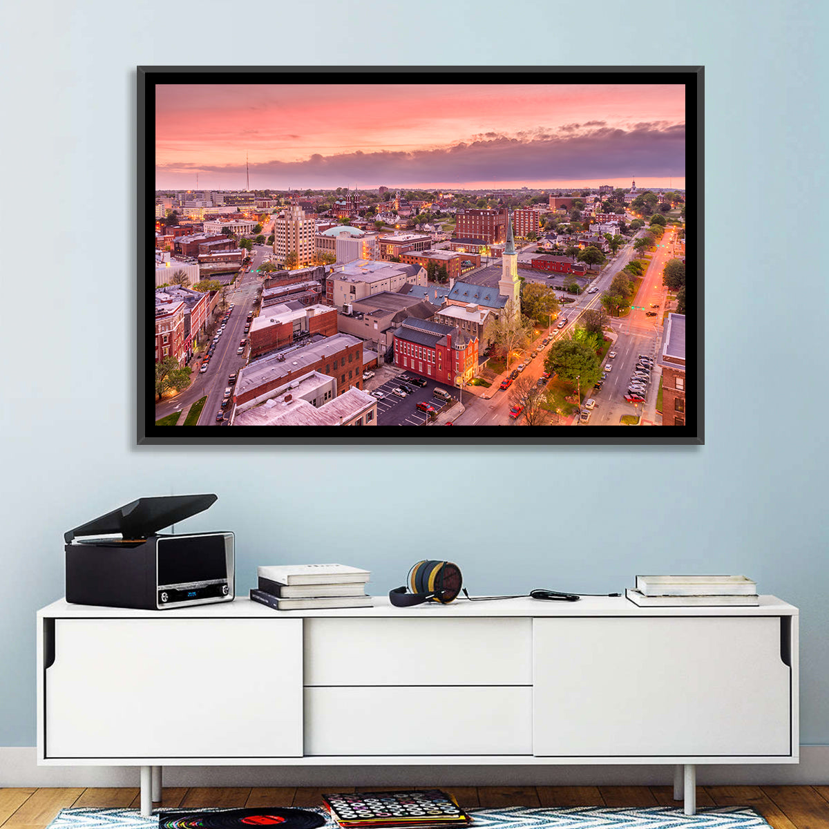 Church Spire at Dusk Wall Art in a room, landscape