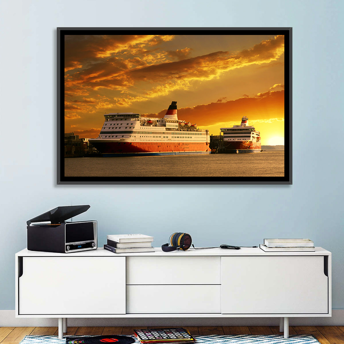 Red-hulled Cruise Ships at Dusk Wall Art in a room, landscape