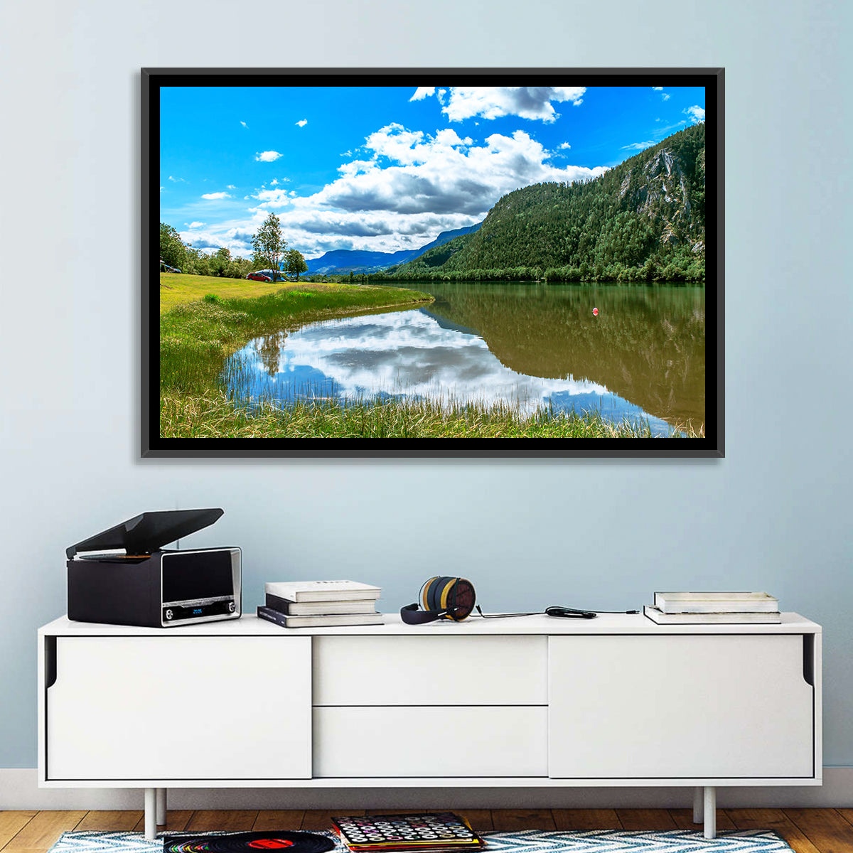 Lake Mjosa Reflection Wall Art in a room, landscape