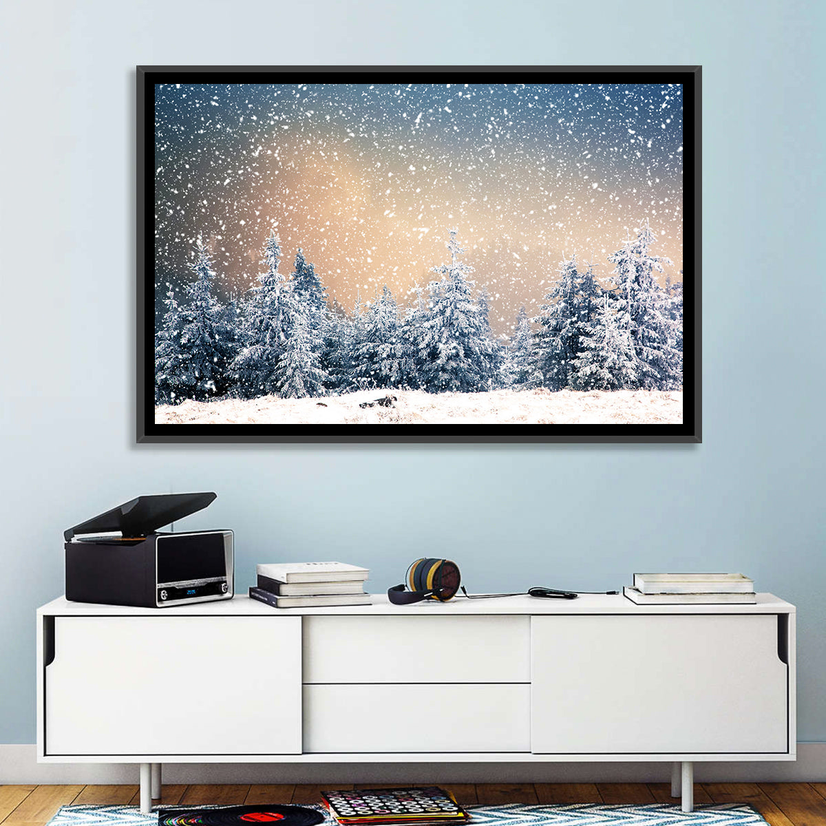 Winter Forest Wonderland Wall Art in a room, landscape