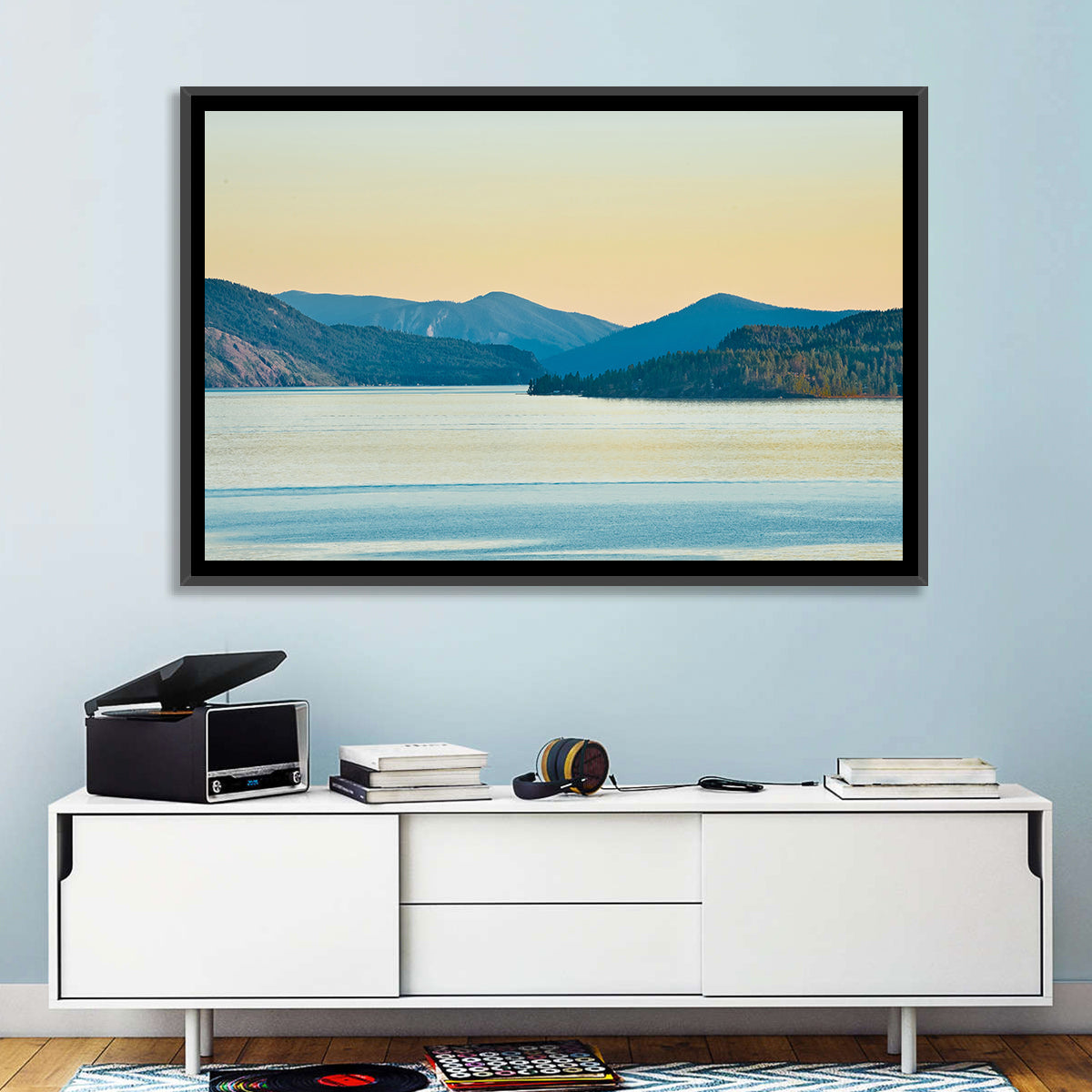 Lake Pend Oreille at Golden Hour Wall Art in a room, landscape
