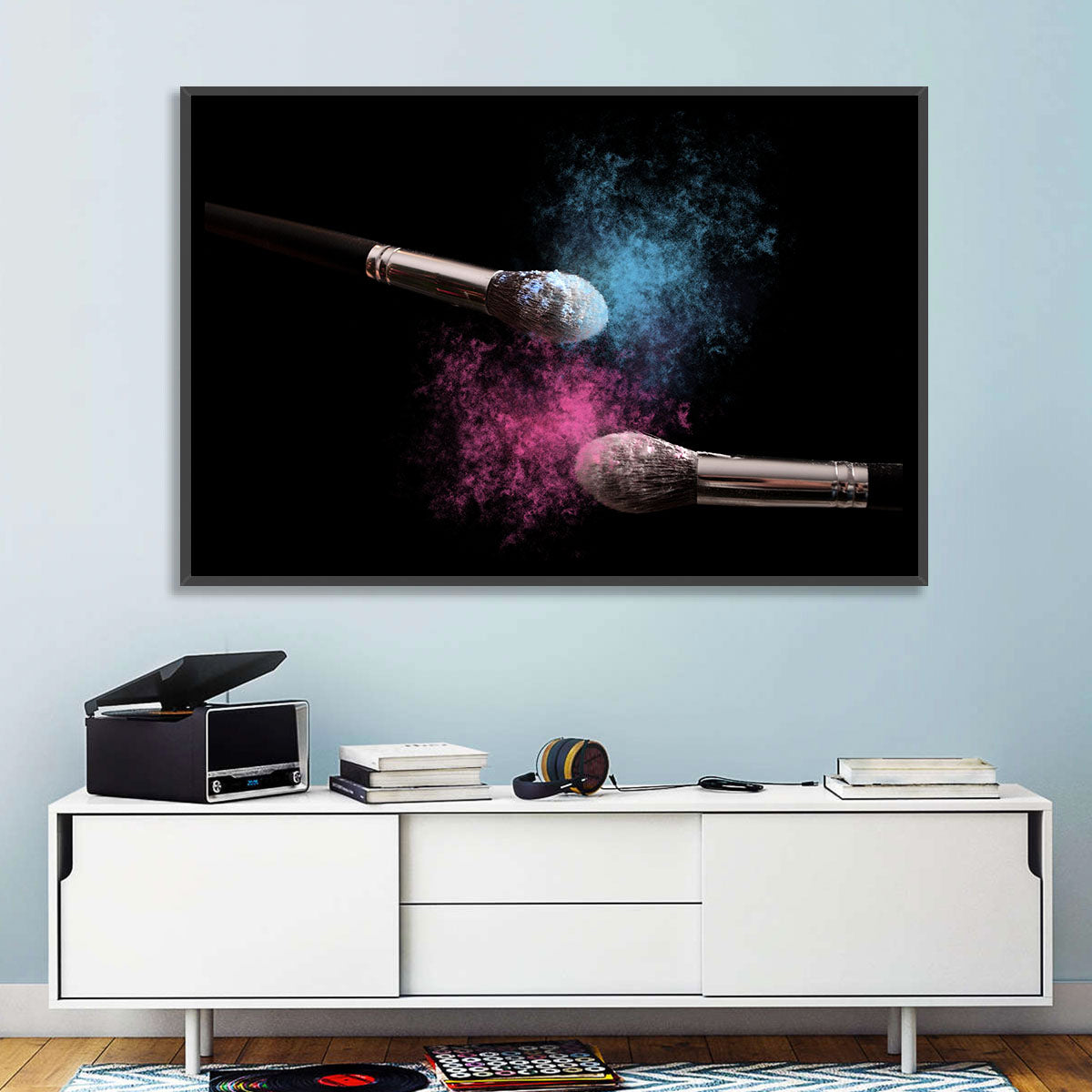 Powder Burst Makeup Brushes Wall Art in a room, landscape