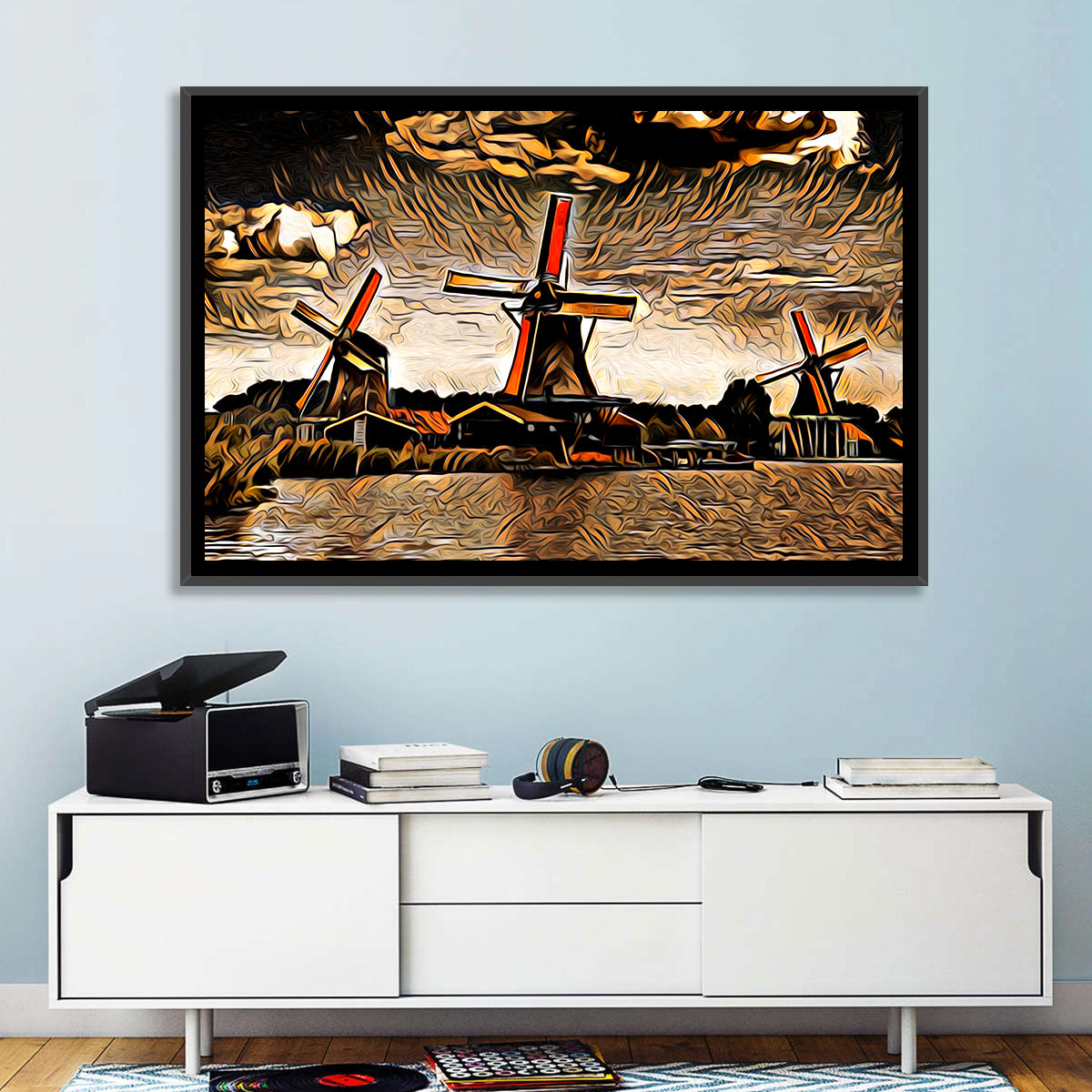 Retro Windmills at Sunset Wall Art in a room, landscape