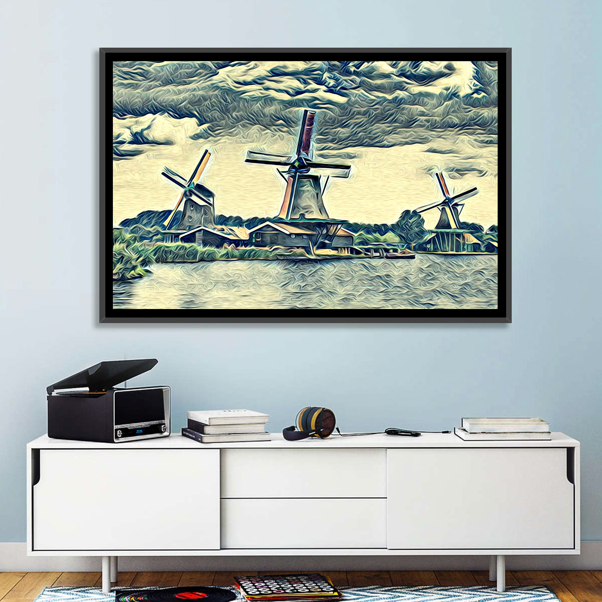 Three Vintage Windmills Wall Art in a room, landscape