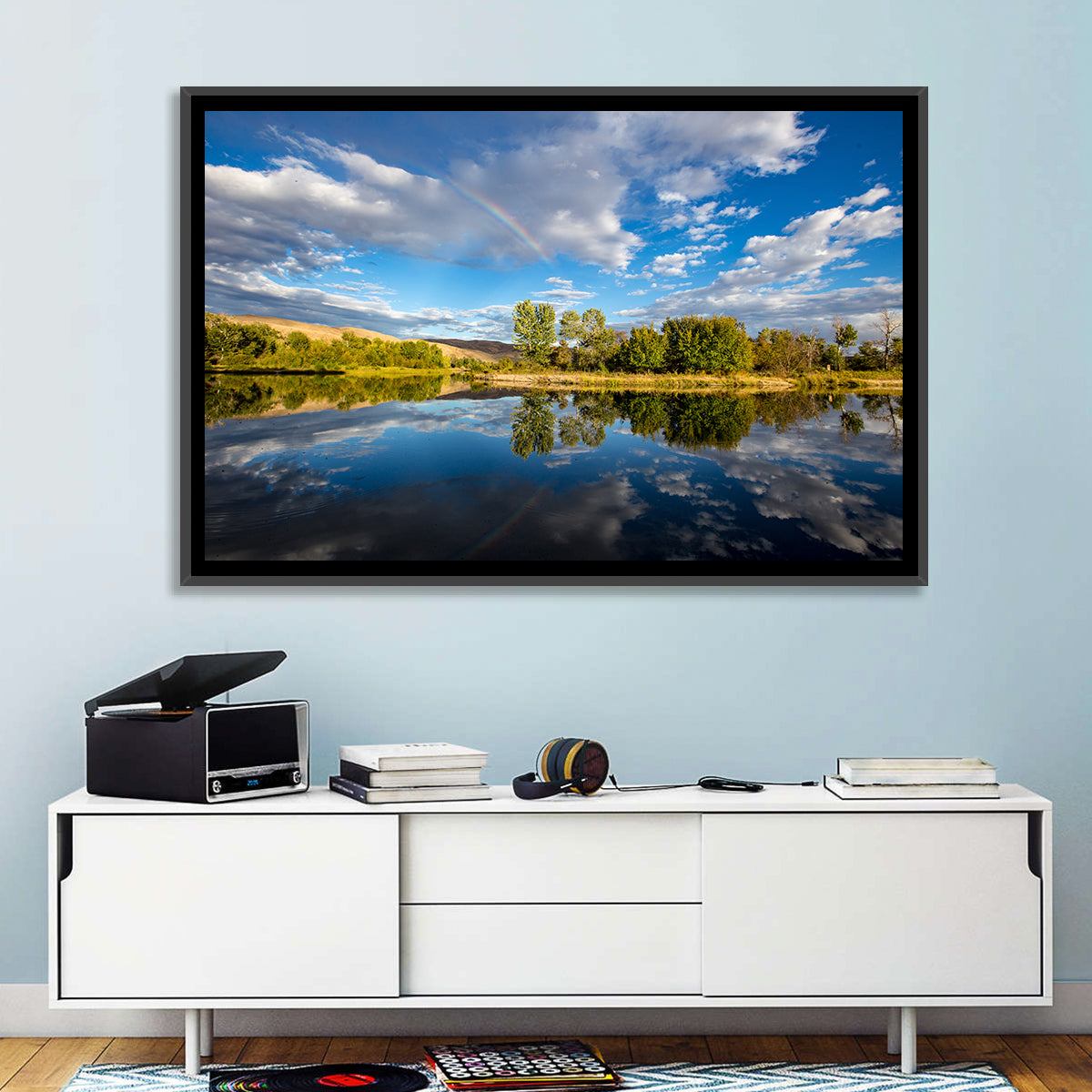 Boise River Rainbow Reflection Wall Art in a room, landscape