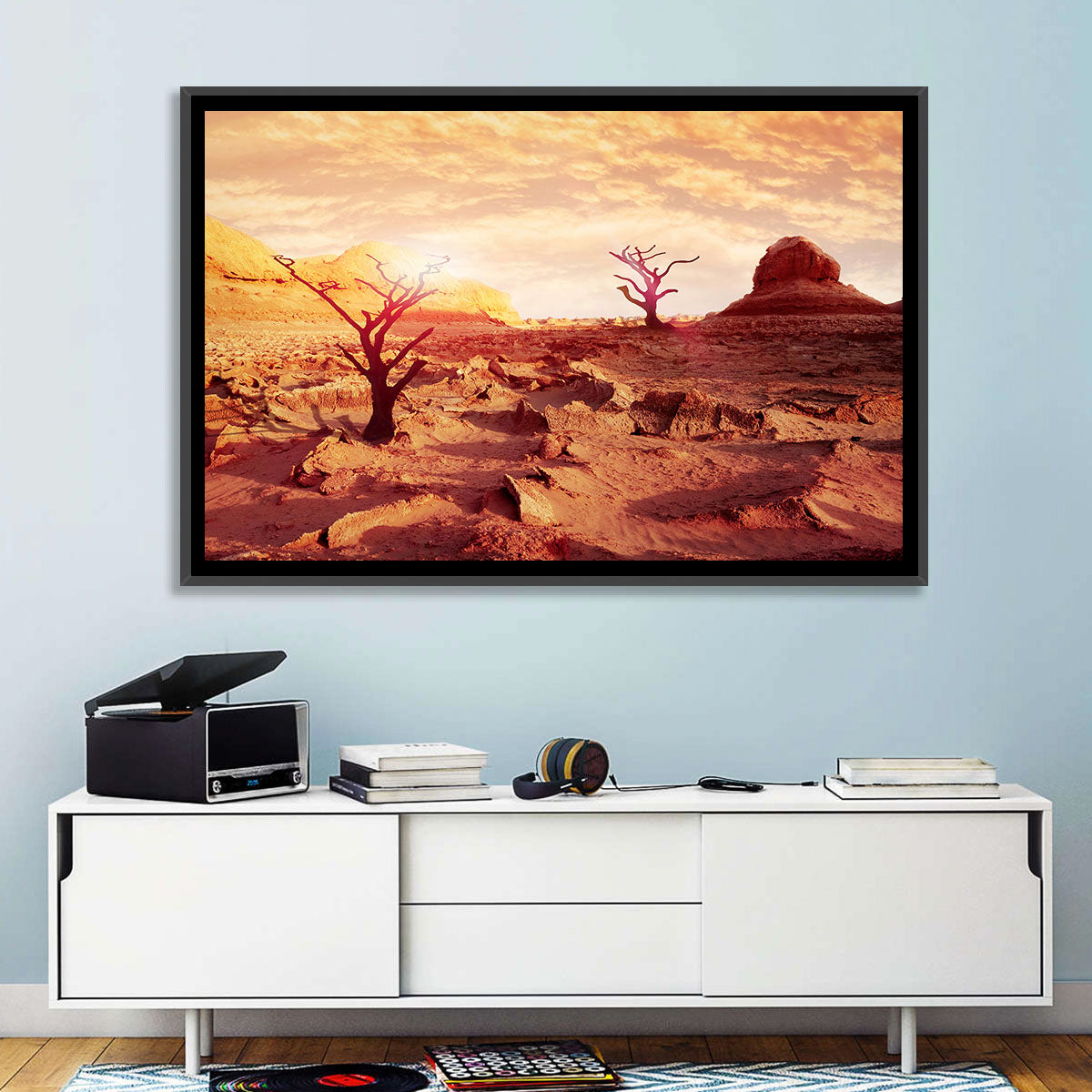 Gnarled Trees at Desert Sunset Wall Art in a room, landscape