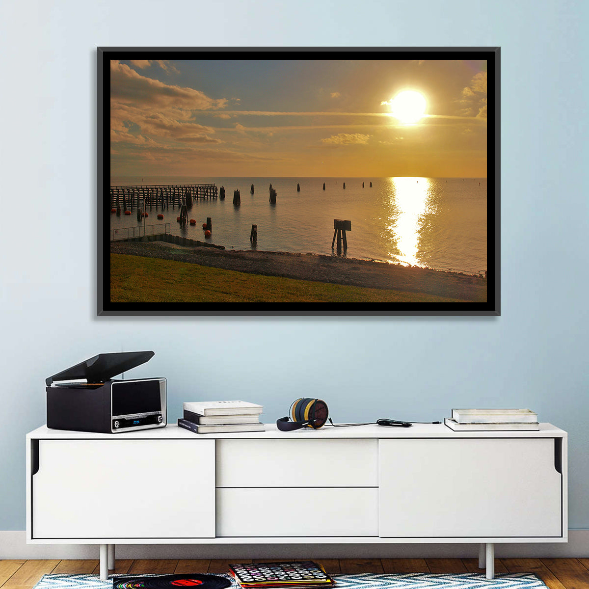 Lake Okeechobee Sunset Pier Wall Art in a room, landscape