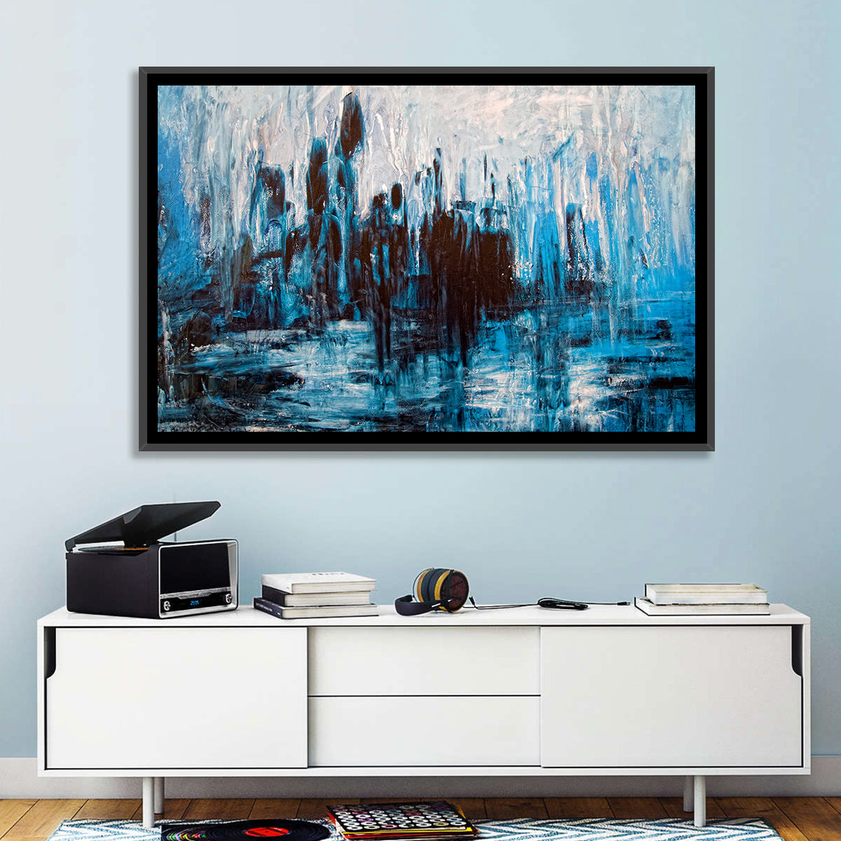 Rainy Abstract Skyline Reflection Wall Art in a room, landscape