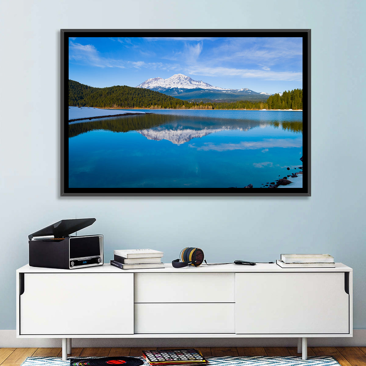 California Mountain Lake Reflection Wall Art in a room, landscape