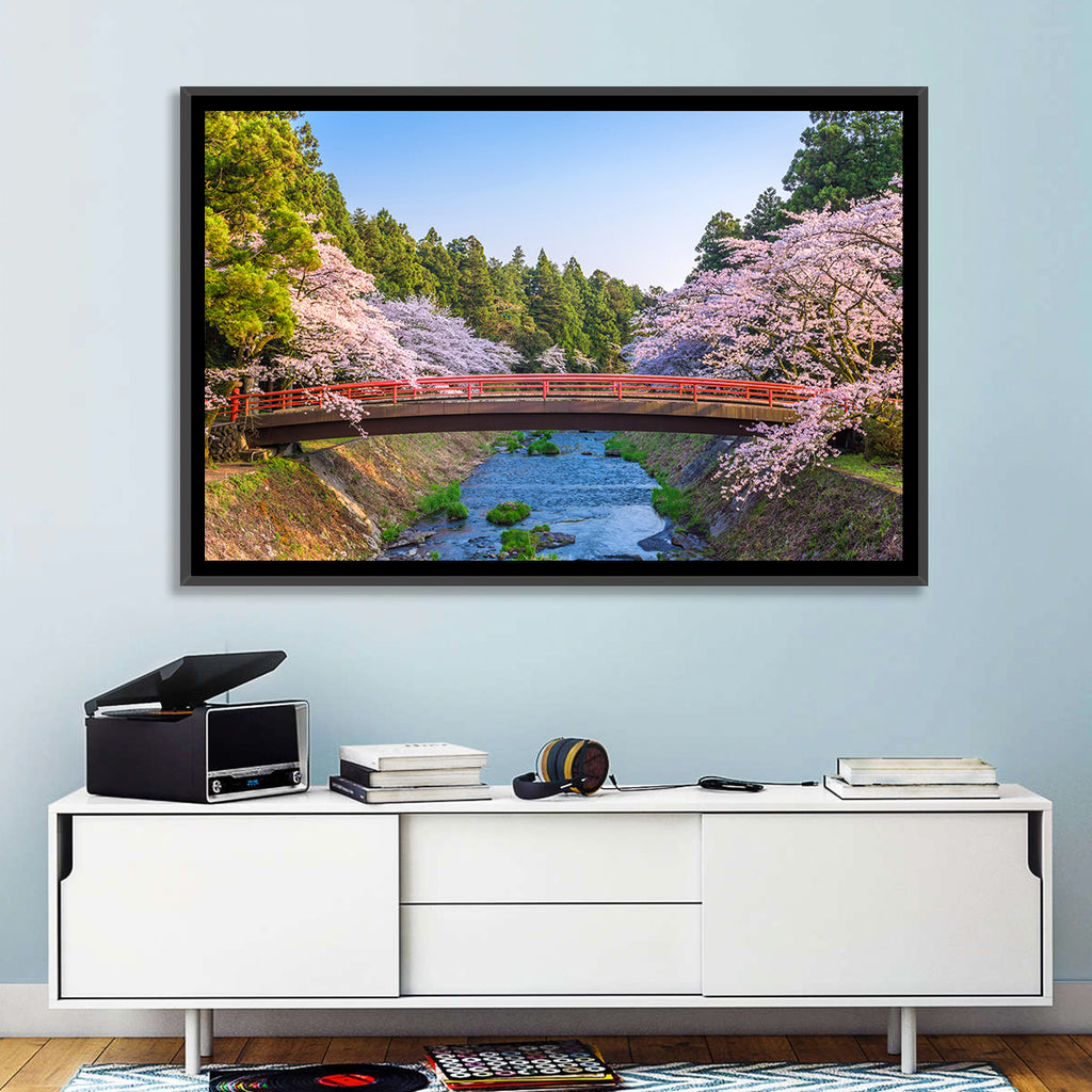 Arched Red Bridge with Cherry Blossoms Wall Art