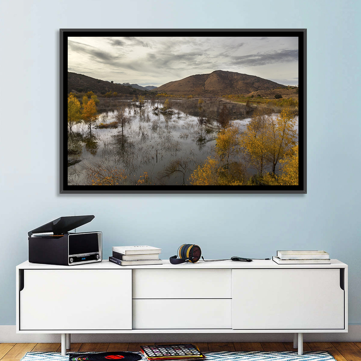 Lake Hodges Autumn Reflection Wall Art in a room, landscape