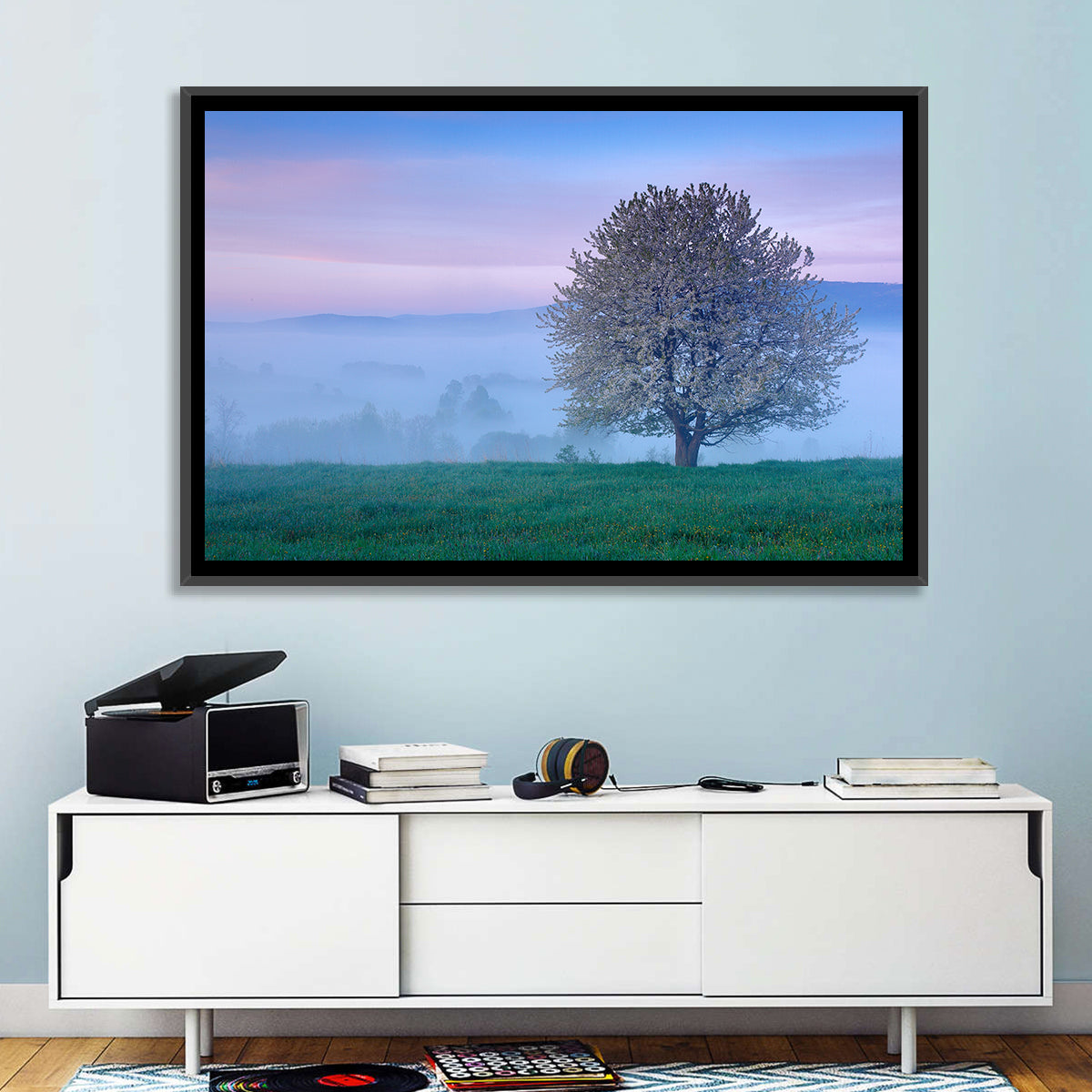 Misty Sumava Mountain Tree Wall Art in a room, landscape