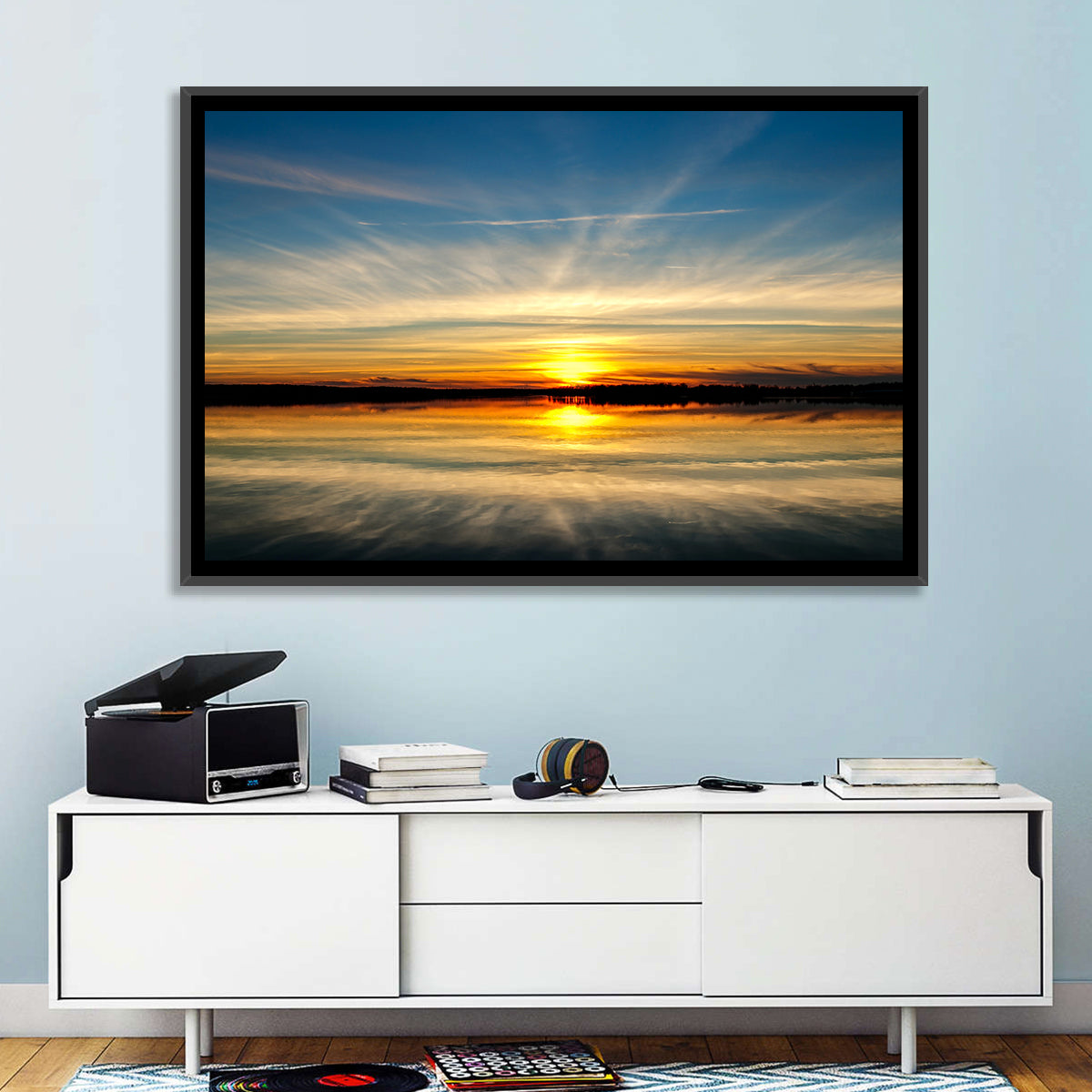 Oklahoma Lake Sunset Reflection Wall Art in a room, landscape