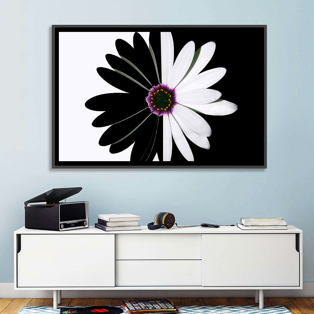 Black and White Daisy with Purple Ring Wall Art in a room, landscape