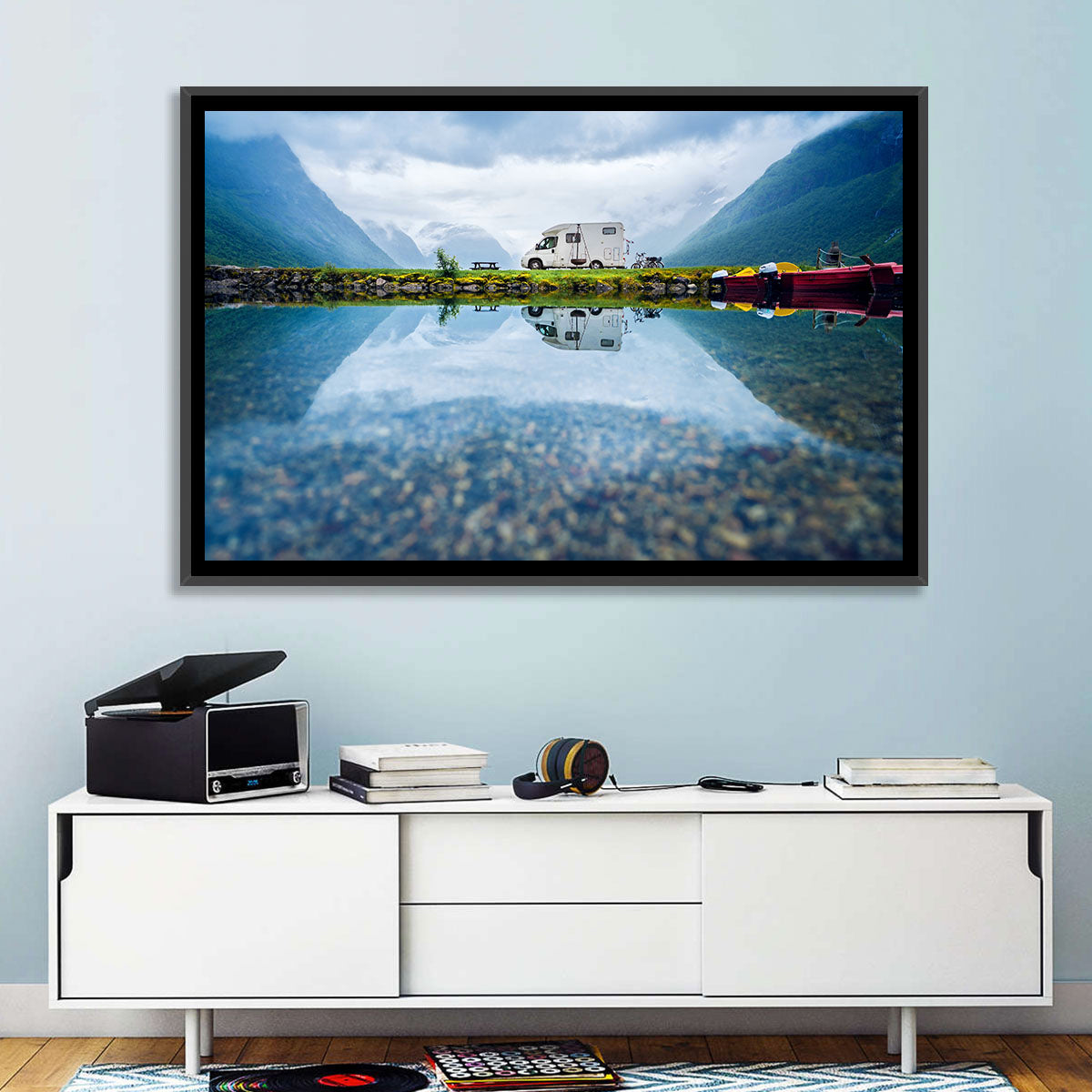 Motorhome by Mountain Lake Wall Art in a room, landscape