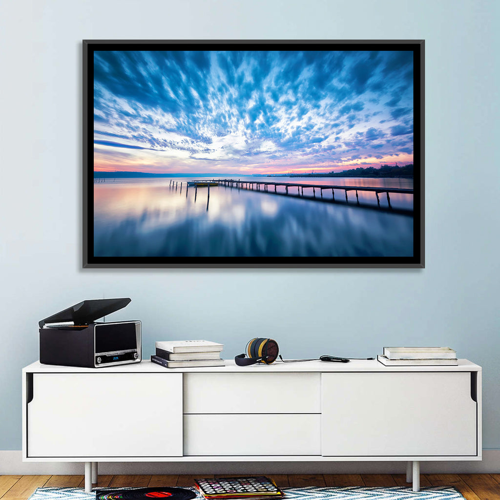 Cloudy Lake Pier at Dusk Wall Art