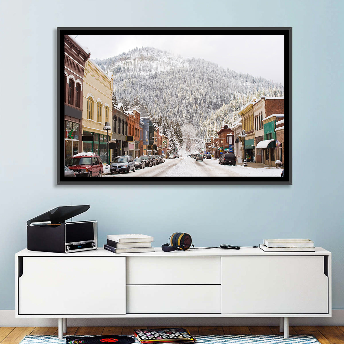 Snow Covered Mountain Main Street Wall Art in a room, landscape