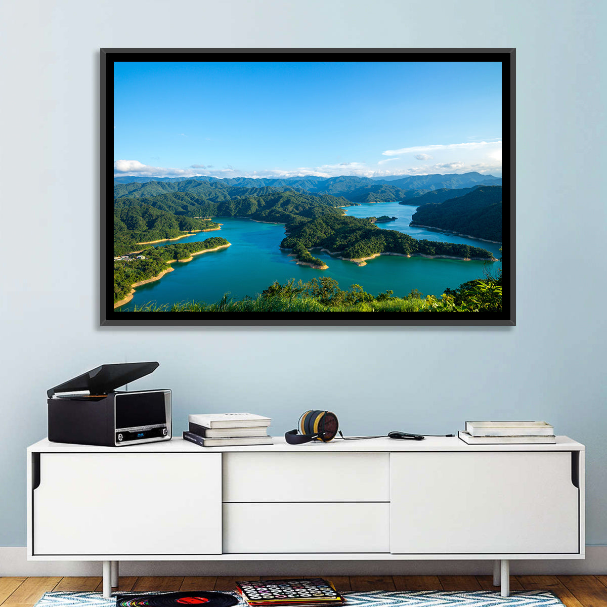 Emerald Qiandao Lake Wall Art in a room, landscape