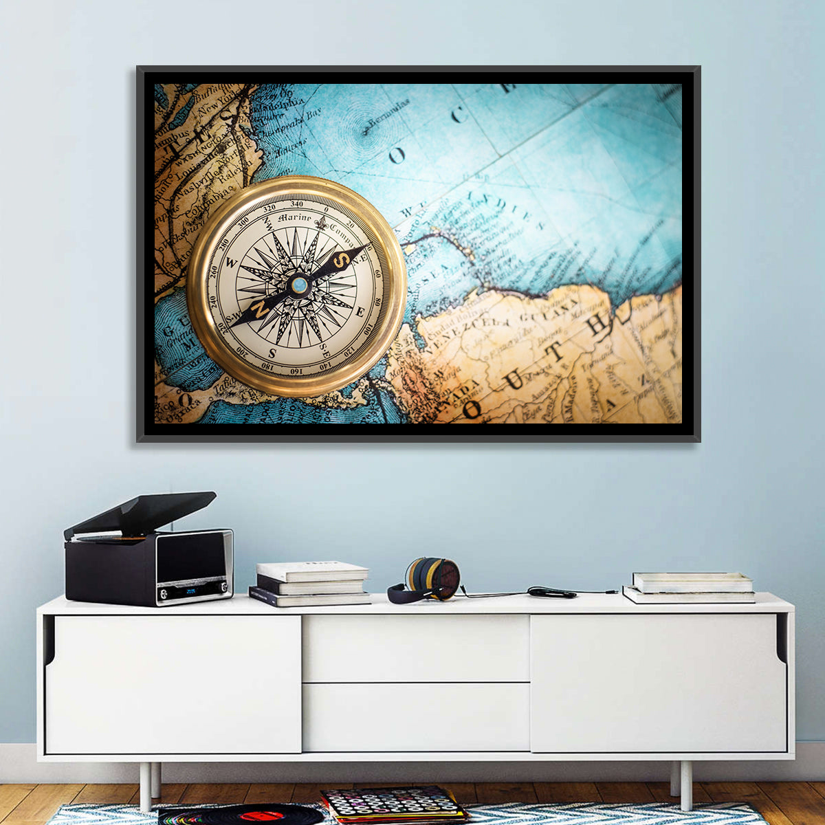 Vintage Compass Over Atlantic Map Wall Art in a room, landscape