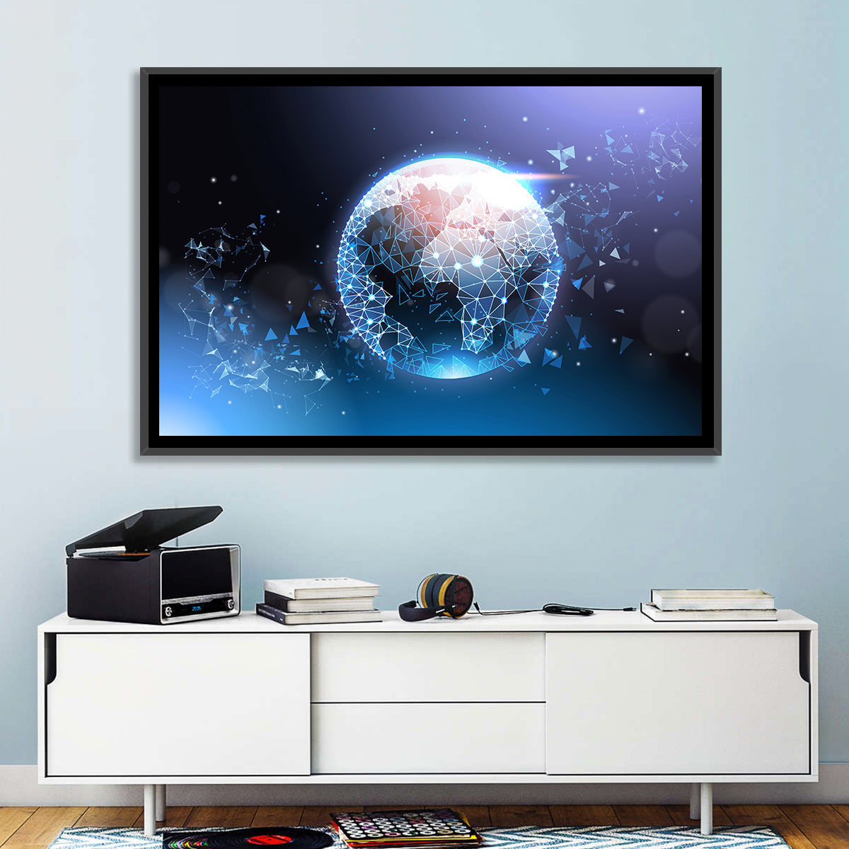 Wireframe Globe Network Wall Art in a room, landscape