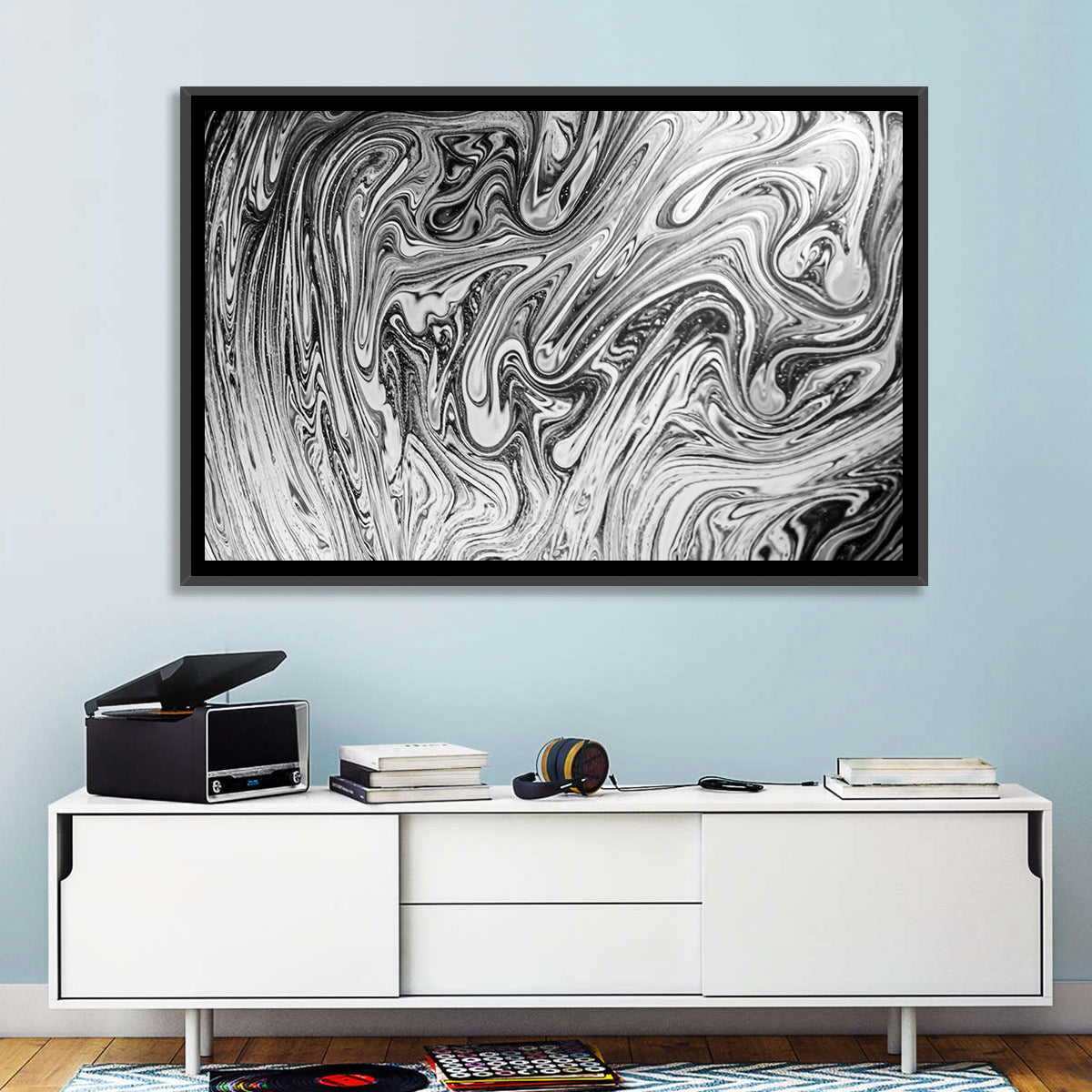 Ink Swirl Monochrome Abstract Wall Art in a room, landscape