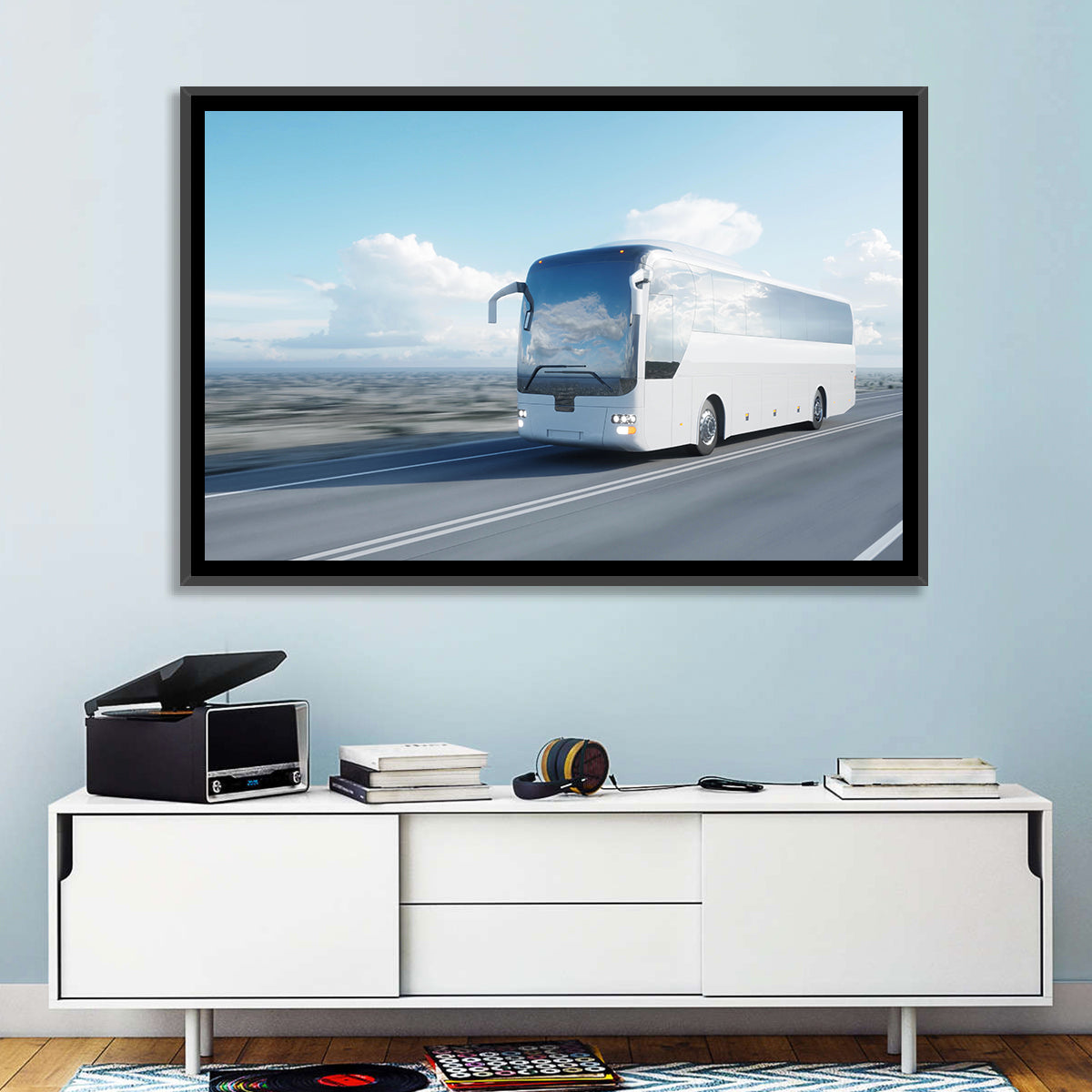 Desert Highway Tour Bus Wall Art in a room, landscape