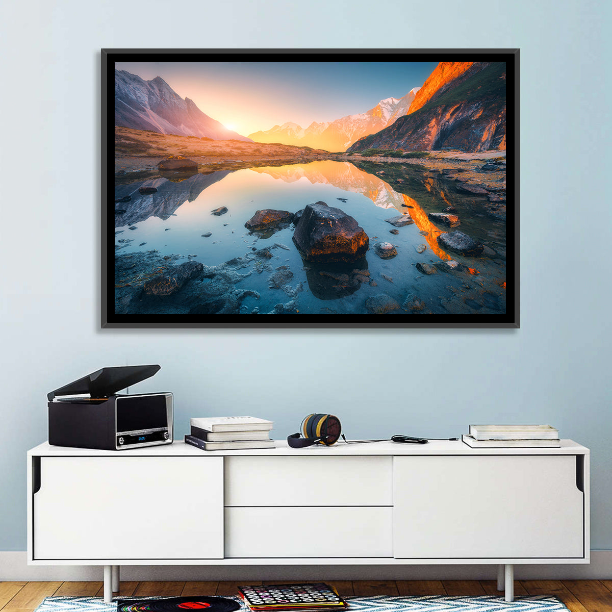 Himalayan Lake Reflections Wall Art in a room, landscape
