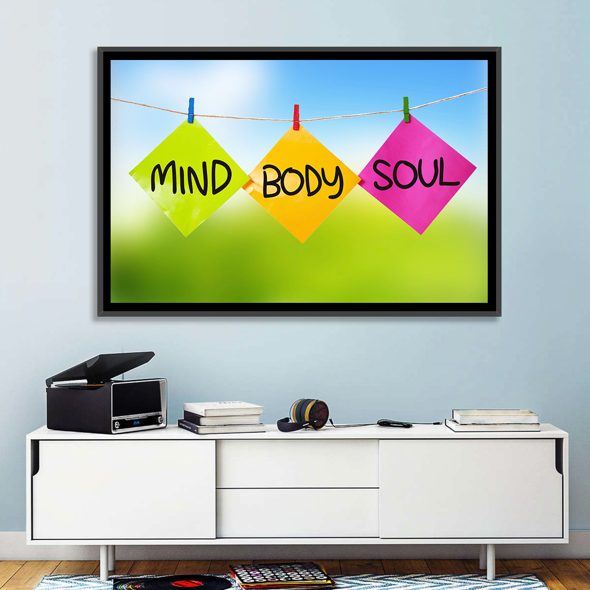 Mind Body Soul Paper Trio Wall Art in a room, landscape