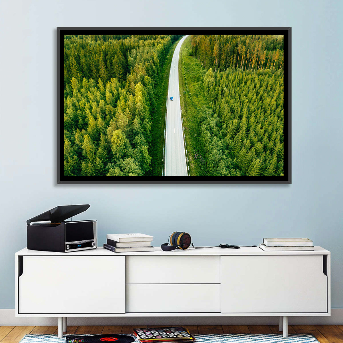 Blue Car on Forest Road Wall Art in a room, landscape